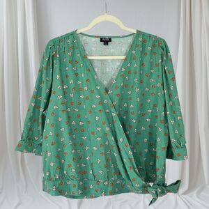 a.n.a Linen Green Floral Print Wrap Blouse Size XL